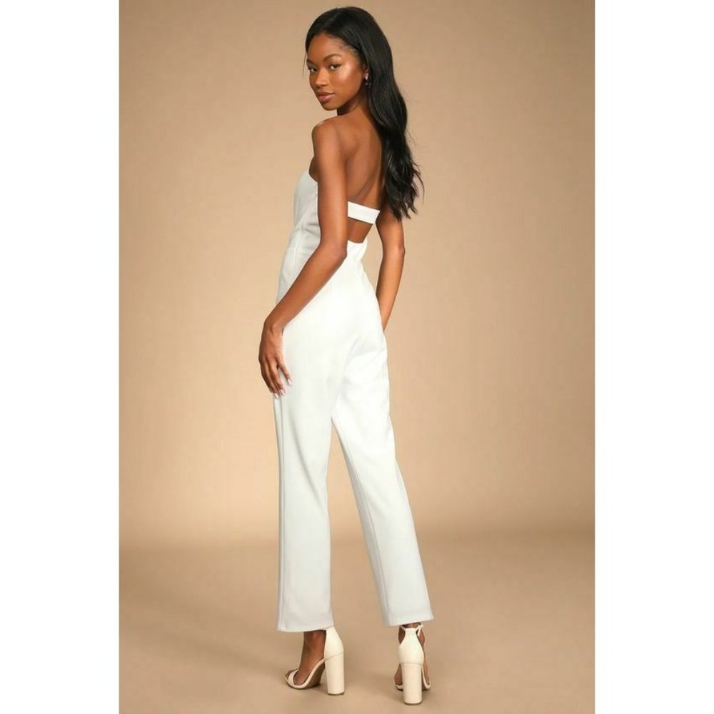 Lulu's Special Evening White Strapless Cutout Straight Leg Jumpsuit Small.